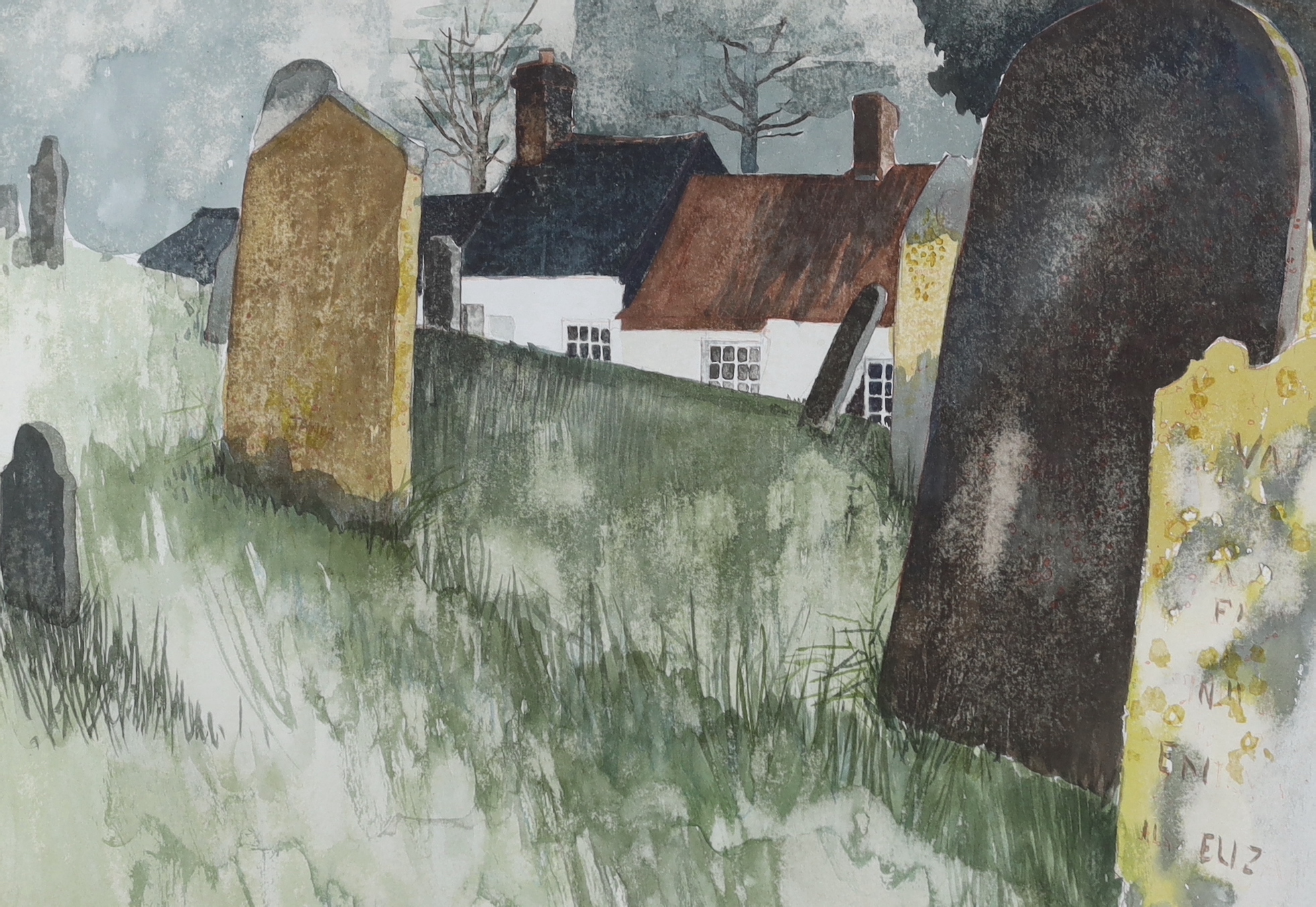 Three watercolours comprising two by Ray Evans (1920–2008) graveyard before cottages and gothic doorway, each signed and one by John Doyle (b.1928) Tichbourne Church, signed, largest 25 x 36cm